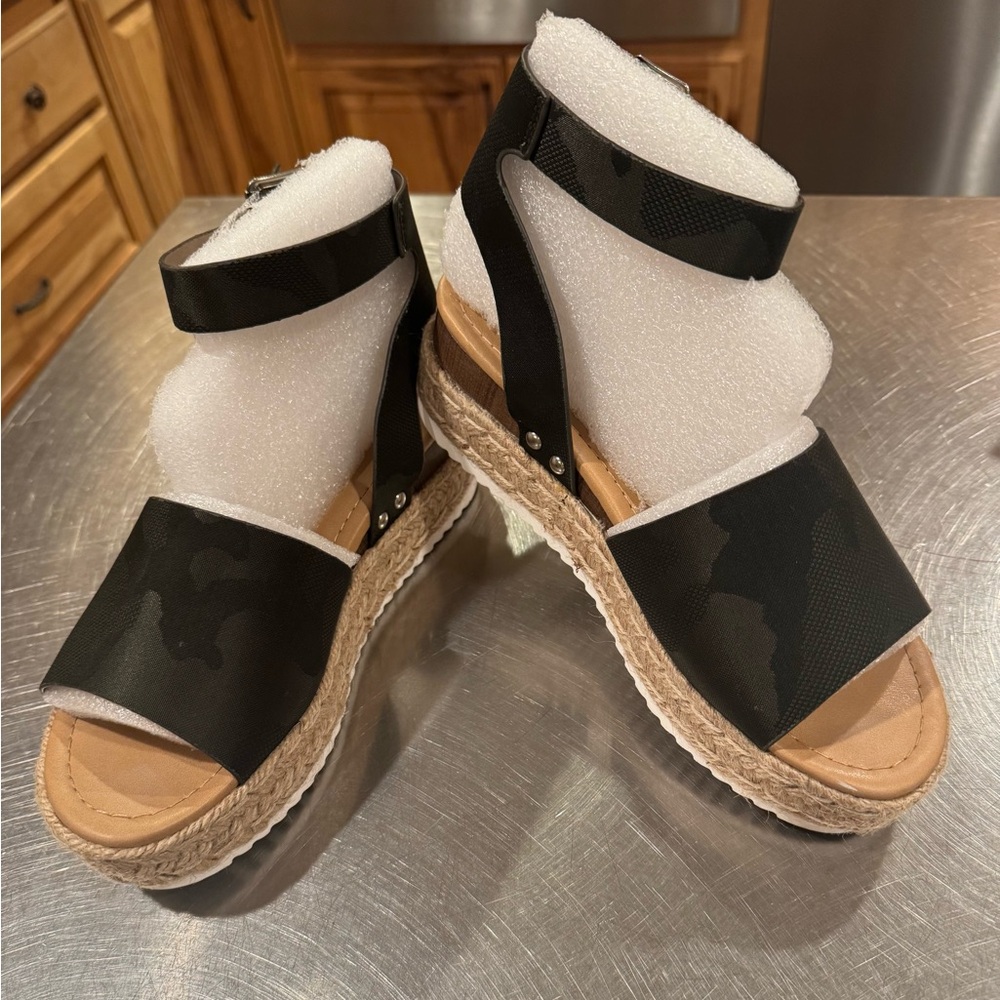 Soda Black Camouflage Espadrille Wedges